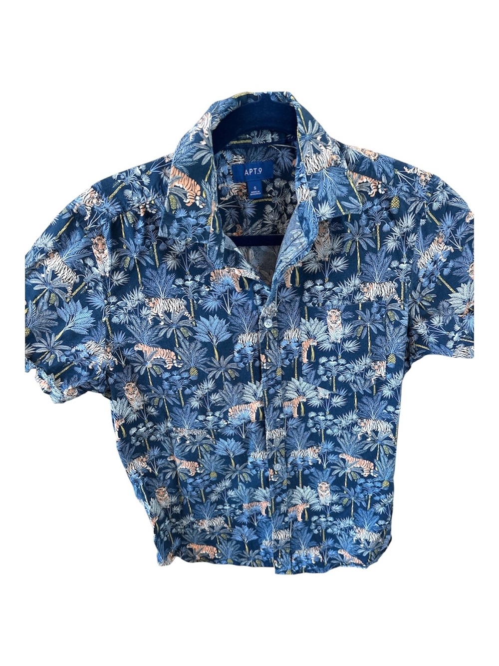 Apt. 9 Navy Blue Tropical Tiger Print Short-Sleeve Button Down Shirt